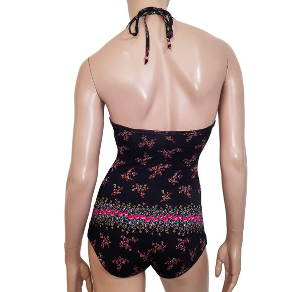 Vintage 70s Slix Swimsuit Black Pink Floral Halter Bathing Suit One Piece XS - Picture 9 of 14